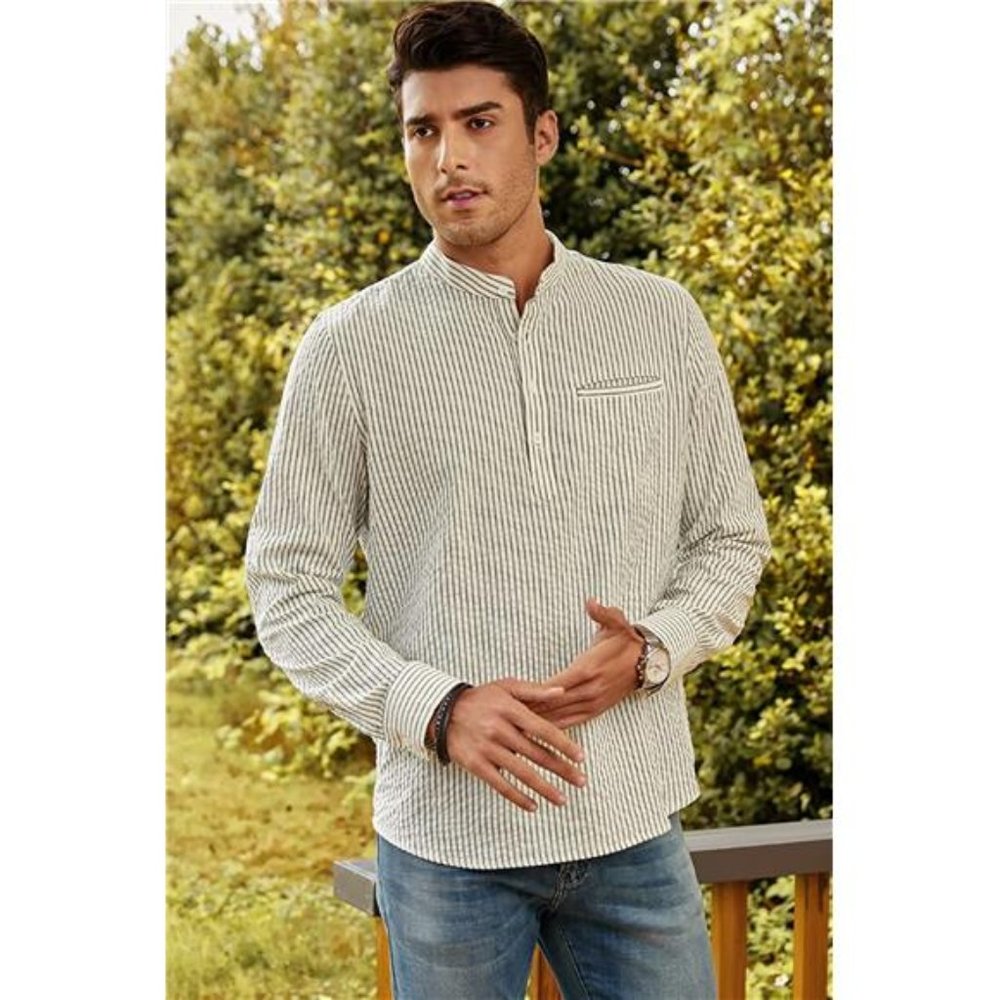 Men's Casual Summer Cotton Henley Shirt Long Sleeve Hippie Striped Beach Shirts - Picture 5 of 7